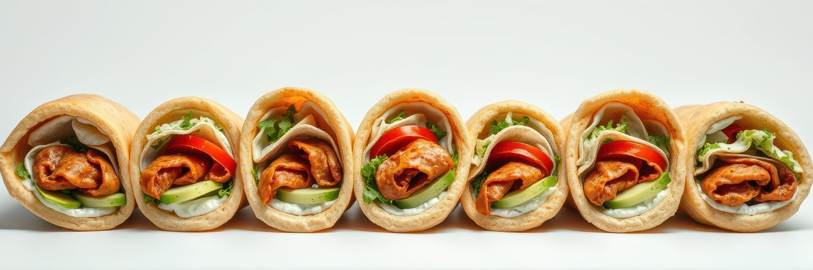 Wraps filled with grilled chicken, fresh vegetables, and creamy sauce on a clean white surface